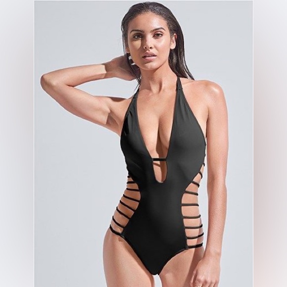 Sports Illustrated Swim Black Strappy Sides Plunging Halter One Piece Swimsuit